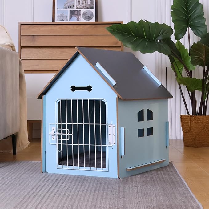 Dog House Indoor for Small Dogs or Cats, Cozy Wooden Design, Small Indoor Bed House, with Air Vents and Elevated Floor Warm Dog Cave (Large Blue)