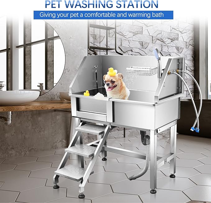 Dog Bath Tub 34'' Small Dogs, Pet Grooming Bahtub Home Washing Station for Small Pets Stainless Steel with Sliding Doors, Left Steps