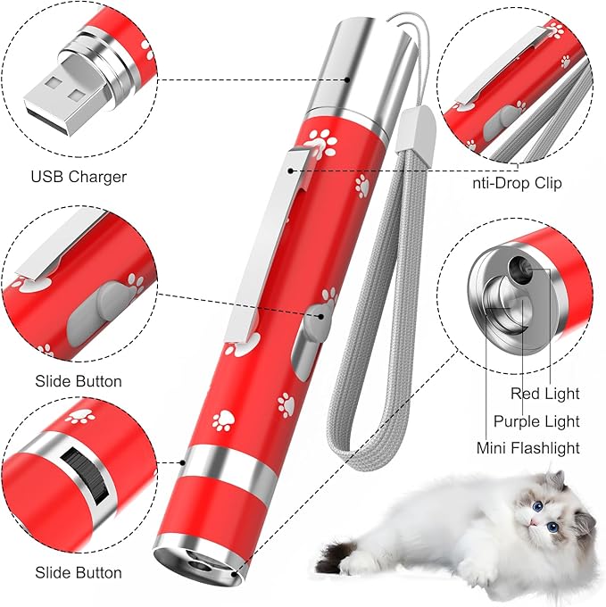 EAWONGEE Cat Toys, Rechargeable Interactive Toy for Cats with 7 Light Projection Modes, Indoor Kitty Pet Dog Toy for Training Chaser, 2 PCS Red