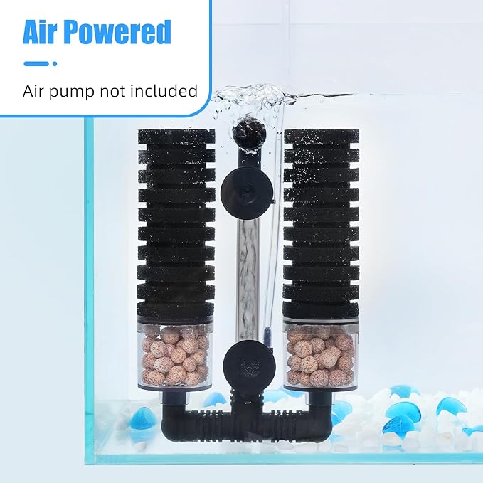 AQUANEAT Aquarium Air Powered Sponge Filter with Ceramic Media Balls, for Betta Fry Shrimp Fish Tank, with 2 Spare Sponges, up to 40Gal