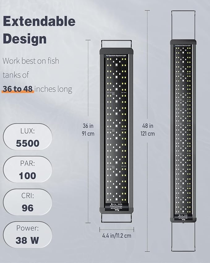 Pawfly 38 W Aquarium LED Light for 36" to 45" Tanks 24/7 Extendable Fish Tank with Full Spectrum IP68 Waterproof Light with D/N Mode Single Color Effects Timer and Adjustable Brightness