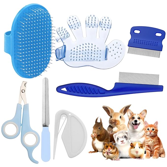 Rabbit Grooming Kit β Bunny Grooming Kit with Shedding Brush, Nail Clippers & Comb β Small Animal Grooming Supplies for Rabbits, Guinea Pigs, Hamsters, Ferrets - Small Pet Shedding & Care (Blue)