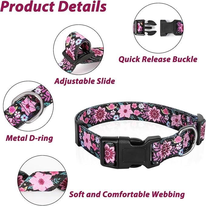HEELE Dog Collar, Adjustable Soft Dog Collar for Small Medium Large Dogs,Floral Patterned Puppy Collars with Quick Release Buckle Galsang Black M Length 13.39''-20.87''