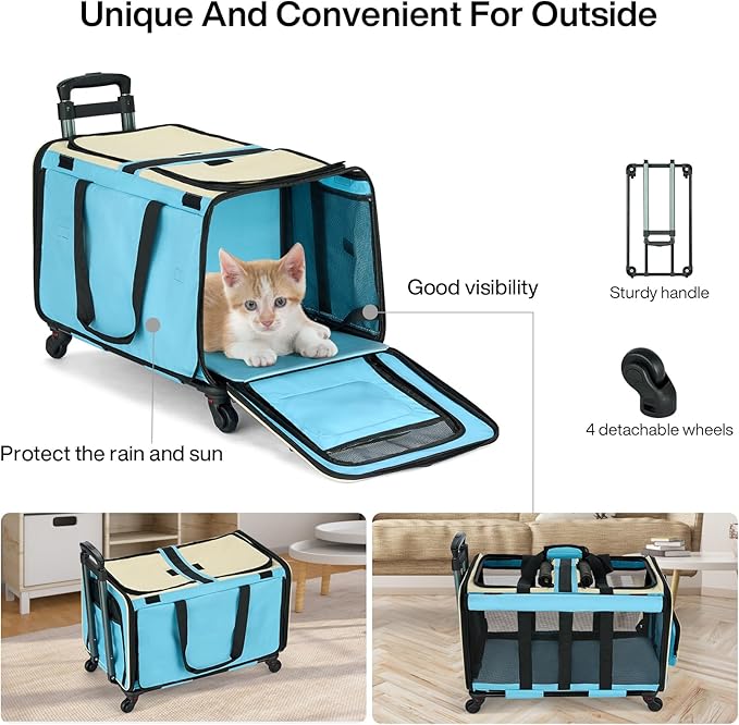 MILADA Large Cat Carrier for 2 Cats, Soft Big Pet Carrier with Wheels, Double Cat Carrier on Wheels, Rolling Pet Carrier for Travel Hiking Shopping and Camping(Not for Air Travel), Blue