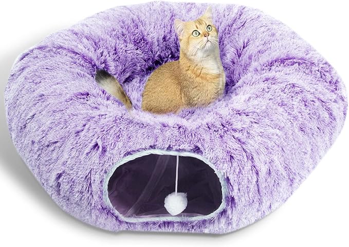 AUOON Cat Tunnel Bed for Indoor Cats - Circle Peekaboo Cat Cave with Washable Mat for Indoor Cats Kitten Kitty Puppy Rabbit Ferret (Purple)