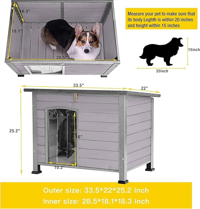 Aivituvin Dog House Outdoor Indoor Weatherproof Dog House for Small & Medium & Large Dogs with Unique All-Around Iron Frame&Raised Feet(Grey)