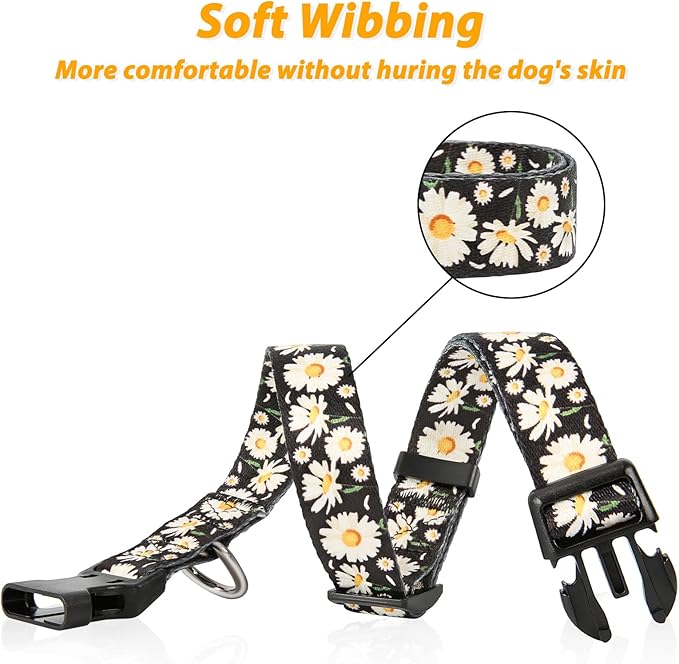 HEELE Dog Collar, Adjustable Soft Dog Collar for Small Medium Large Dogs,Daisy Floral Patterned Puppy Collars with Quick Release Buckle Daisy Black S Length 9.84''-14.96'