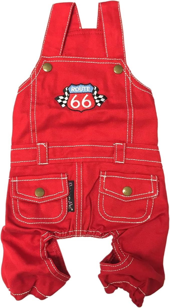 Parisian Pet Denim Overall - Embroidered 'Route 66' Red Jumpsuit - Breathable Costume - Machine Washable Outfit - Overalls for Large Dogs - L