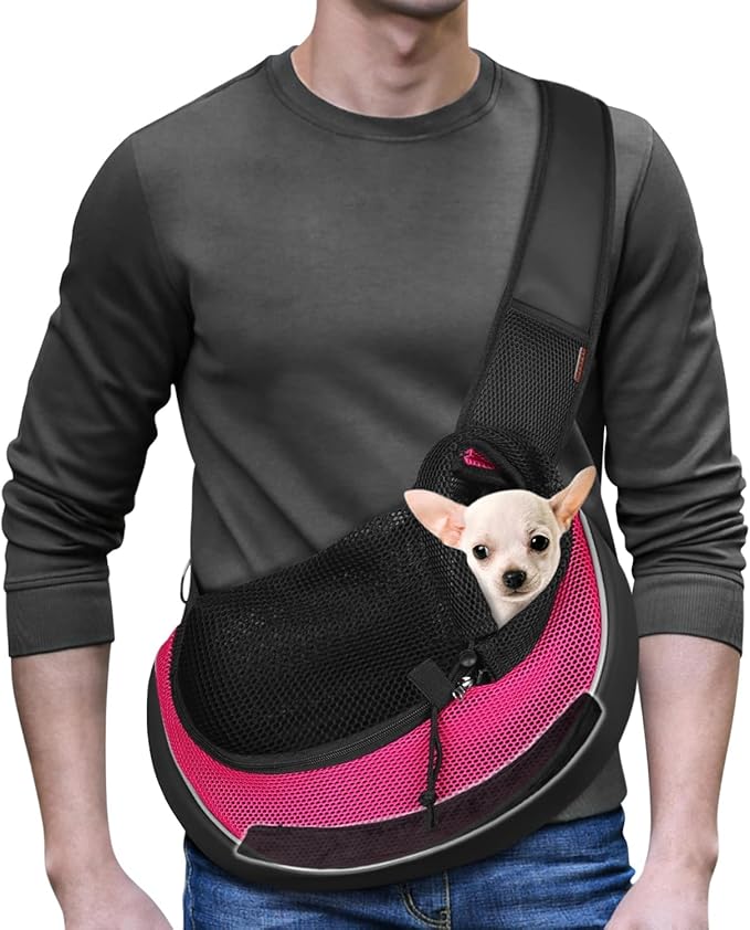 YUDODO Pet Sling Carrier for Small Dogs & Cats – Hands-Free Puppy Carrier with Safety Hook, Large Zipper Pocket, Soft Breathable Mesh, Adjustable Strap & Reflective Strip (Pink 3.0 M)