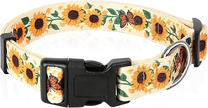 HEELE Dog Collar, Adjustable Soft Dog Collar for Small Medium Large Dogs,Sunflower Floral Patterned Puppy Collars with Quick Release Buckle Sunflower Yellow L Length 15.94''-25.59'