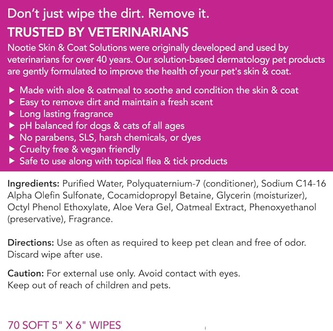 Nootie Waterless Shampoo Wipes for Dogs & Cats - Long Lasting Japanese Cherry Blossom Fragrance - Sold in Over 10,000 Vet Clinics and Pet Stores Worldwide, Made in USA - 70 Count