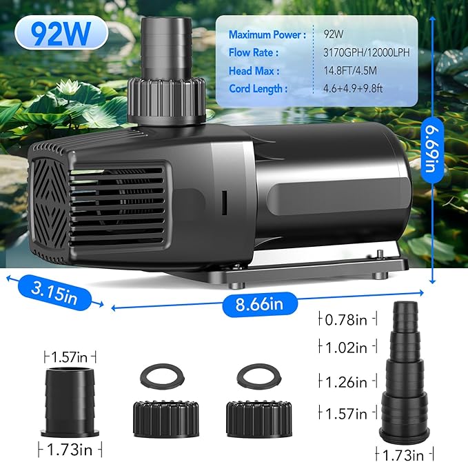 hygger 24V DC Adjustable Aquarium Water Pump & Wavemaker,30dB Quiet Return Pump,10-Speed Flow Control, Dry Run Anti-Block Protection for Freshwater Saltwater Ponds Fountains (92W,3170GPH/12000LPH)