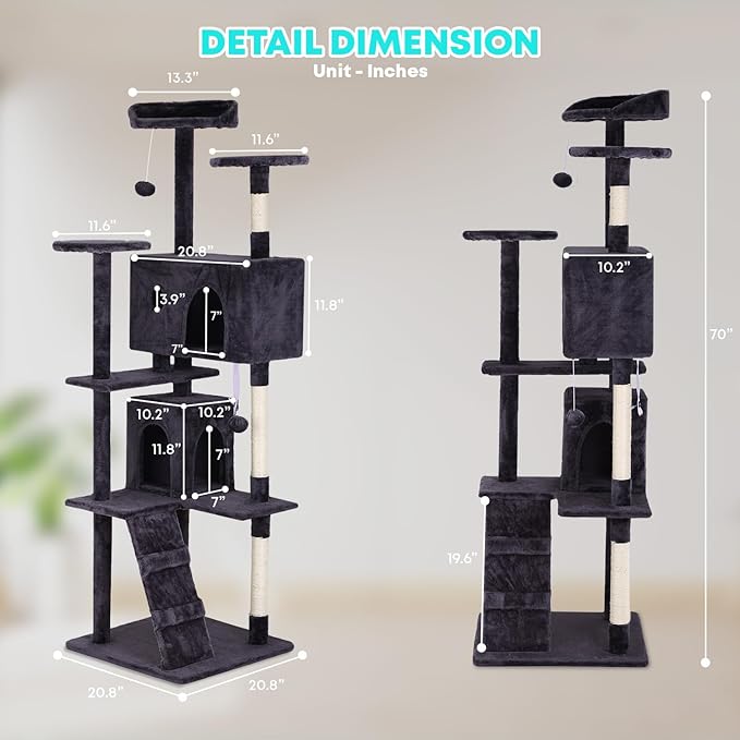 FDW Cat Tree 70in Cat Tower Multi-Level Durable Cat Scratching Post & Cozy Fun Cat Jumping Platform Space Saving Cat Condo Pet Play House for Indoor Cats,Ashy
