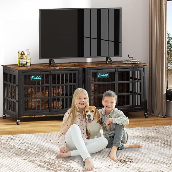 EasyCom 41"/33"/27" Dog Crate Furniture with Name Tag, Heavy Duty Dog Kennel Indoor for Medium Dogs, Double-Doors Sturdy Metal Dog Cage for Anxiety Dog, Decorate House as TV Stand, End Table