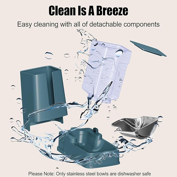 Automatic Cat Feeder and Cat Water Dispenser Set with Stainless Steel Bowls Gravity Dog Feeder for Small Medium Big Dog Pets Puppy Kitten, 3.8L x 2 (Cyan)