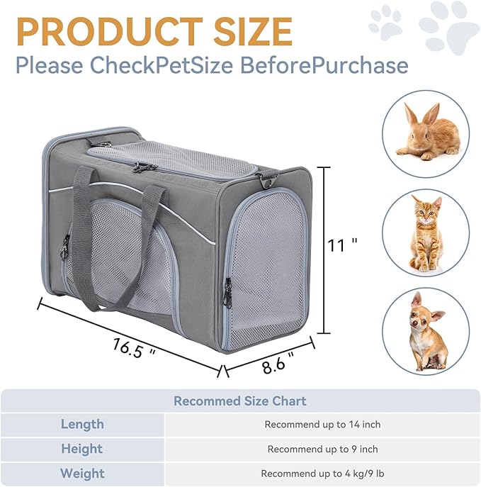 Petsfit Airline Approved Pet Carrier for Small Cats, 16.5x8.6x11 TSA Approved Carrier, with Removable Dual-Sided Padding (2-Way Placement) - Fits Under Most Airplane Seats, Escape Proof (Gray)