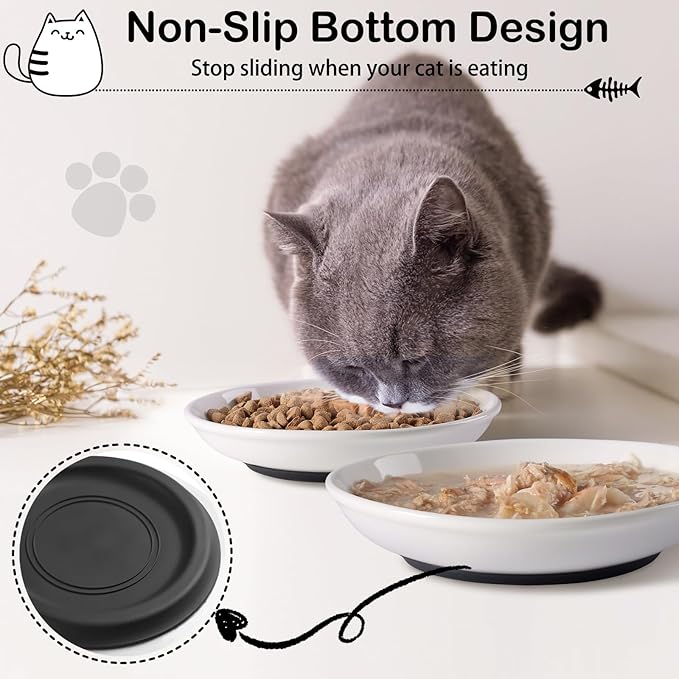 Cat Food Bowl,Healthy Ceramic Cat Bowls for Indoor Cats,Anti Whisker Fatigue Cats Dishes Set,Shallow Wide Kitten Plates for Food and Water,Non-Slip Silicone Bottom,6 Pack