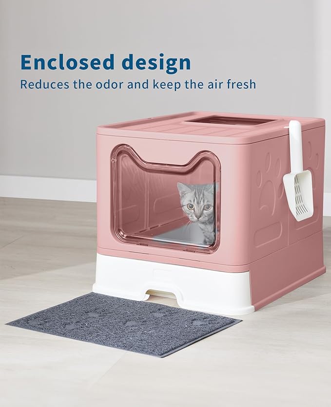 Cat Litter Box with Litter Mat and Scoop, Large Foldable Litter Box with Lid, Front Entry Top Exit Kitty Box, Odor Control, Easy to Clean (Pink)