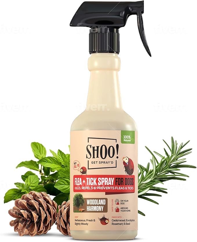 Shoo! Flea & Tick Spray for Dogs and Home | Plant Based, Natural Oils, Chemical Free Formula | Kills, Repels, Prevents | 16 oz (Woodland Harmony)