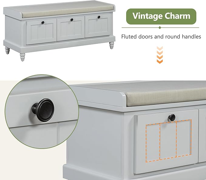 Classic Shoe Storage Bench with Cushion and Three Drawers, Fluted Entryway Bench with Storage for Entryway, Living Room, Hallways 44.0" L x 15.9" W x 18.9" H Gray Wash