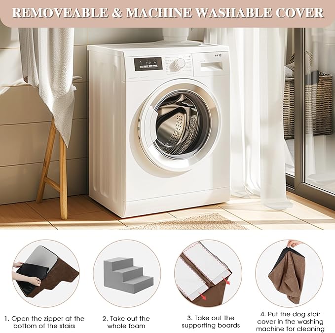 GGIB Dog Stairs for Small Dogs Cats Non-Slip Dog Steps for High Bed Pet Stairs for Sofa Couch Pet Ramp Pet Steps with Removable Washable Cover, Brown, 17" H, 4-Step