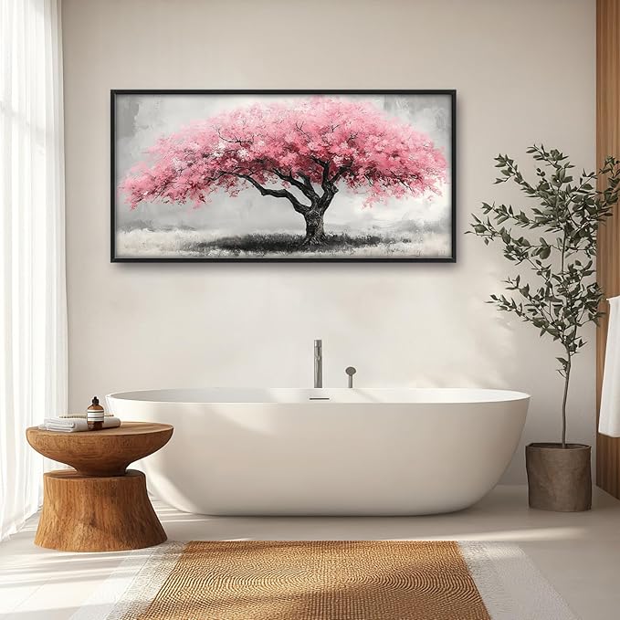 Extra Large Framed Pink Tree Wall Art,Abstract Tree of Life Wall Decor,Pink and Grey Pictures for Living Room,Canvas Print Painting Modern Artwork Bedroom Office Bathroom Home Decor 60L x30W