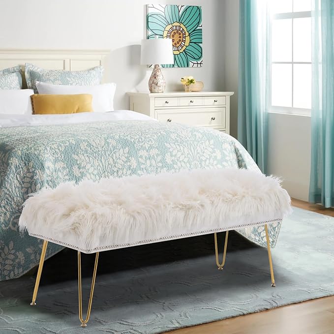 46 Inch White Bedroom Bench, Benches for Bedroom White Faux Fur Upholstered Bed end Bench, Tufting Ottoman Bench Indoor Bench with Metal Legs for Living Room Bedroom Entryway, White