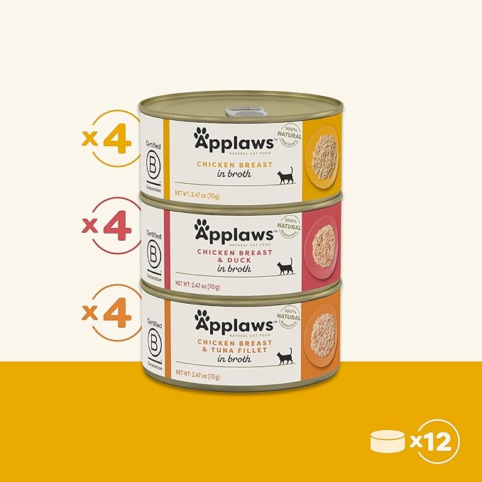 Applaws Natural Wet Canned Cat Food, Made with Limited and Natural Ingredients, Real Protein with No Artificial Additives, Chicken Selection Variety Pack in Broth (12 x 2.47oz Cans)