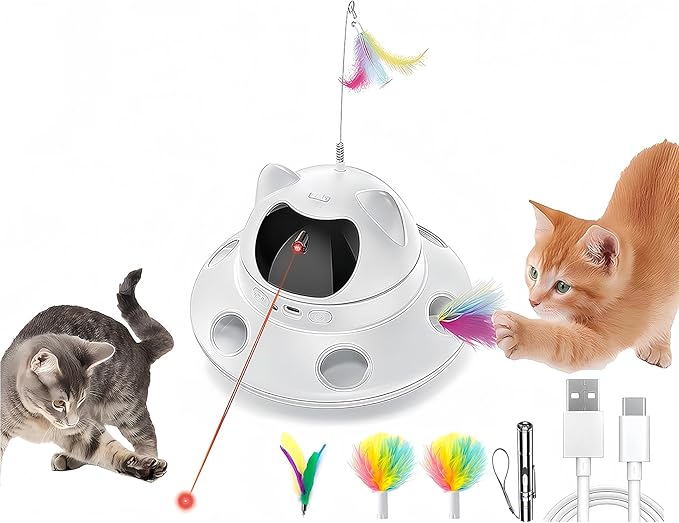 3-in-1 Cat Laser Toy & Interactive Automatic Motion-Activated Kitten Toy ā 6 Holes Whack-A-Mole Feather & Moving Ambush Fun ā USB Rechargeable, Apply to ā Indoor Exercise for Cats of All Breeds
