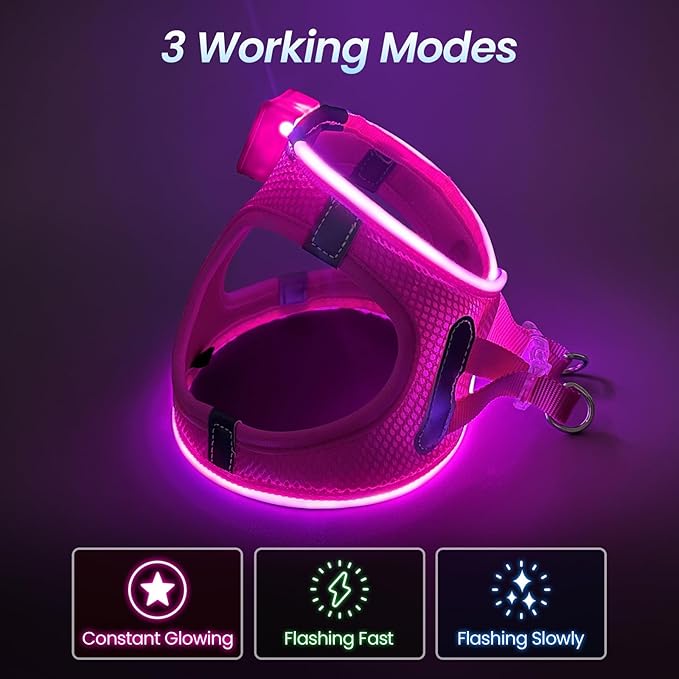 PceoTllar Light Up Dog Harness, LED No Pull Reflective Dog Harness, Flashing Lighted for Night Walking - Small/Medium, (Pink,S)