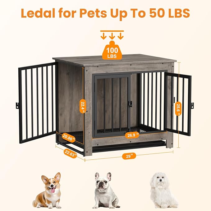 Dog Crate Furniture, Dog Crate End Table for Small and Medium Dogs,Wooden Cage Kennel Furniture Indoor, Modern Dog Crate with Multi-Purpose Removable Tray, Double-Doors Dog Furniture, Greige