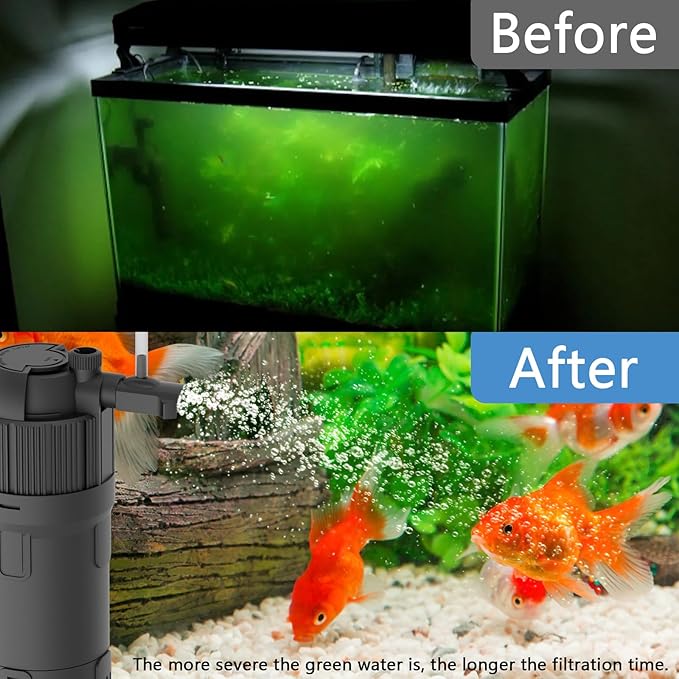 Aquarium U-V Filter for Green Water, Fish Tank Green Clean Machine with Aeration, Submersible Water Pump & U-V Light with Timer, for 10-75 Gallon Tank(105GPH/4W)