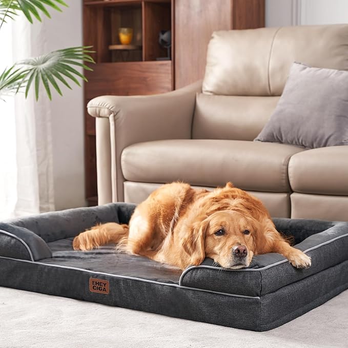 EHEYCIGA Orthopedic Dog Beds for Extra Large Dogs, Waterproof Memory Foam XL Pet Bed with Sides, Non-Slip Bottom and Egg-Crate Foam Big Dog Couch Bed with Washable Removable Cover, Dark Grey