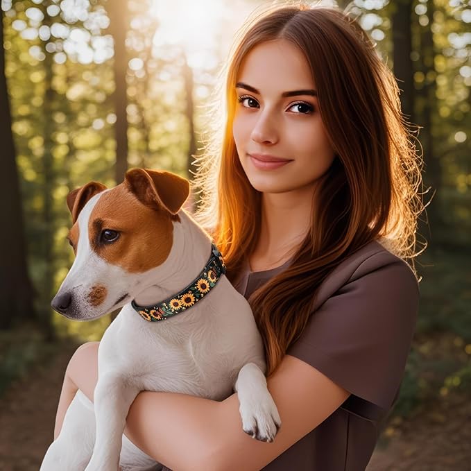 HEELE Dog Collar, Adjustable Soft Dog Collar for Small Medium Large Dogs,Sunflower Floral Patterned Puppy Collars with Quick Release Buckle Sunflower Black S Length 9.84''-14.96'