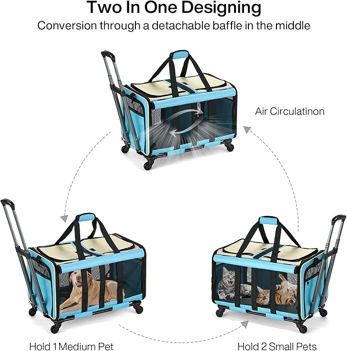 MILADA Large Cat Carrier for 2 Cats, Soft Big Pet Carrier with Wheels, Double Cat Carrier on Wheels, Rolling Pet Carrier for Travel Hiking Shopping and Camping(Not for Air Travel), Blue