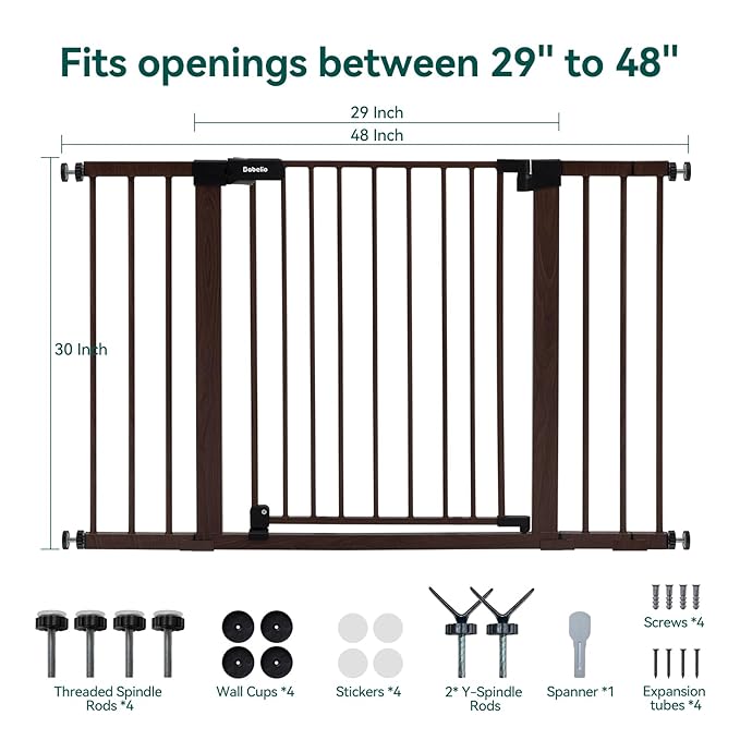 BABELIO Baby Gate with Black Wood Pattern, 29-48 Inch Auto Close Dog Gate for The House, Stairs and Doorways, Pressure Mounted Pet Gate with Door and Y Spindle Rods