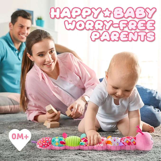 Baby Toys 0-6-12 Months,Infant Musical Stuffed Animals Activity Toys with Muti-Sensory Crinkle,Rattles,Baby Girl Toys Gifts for Newborn Tummy Time,Caterpillar,Pink