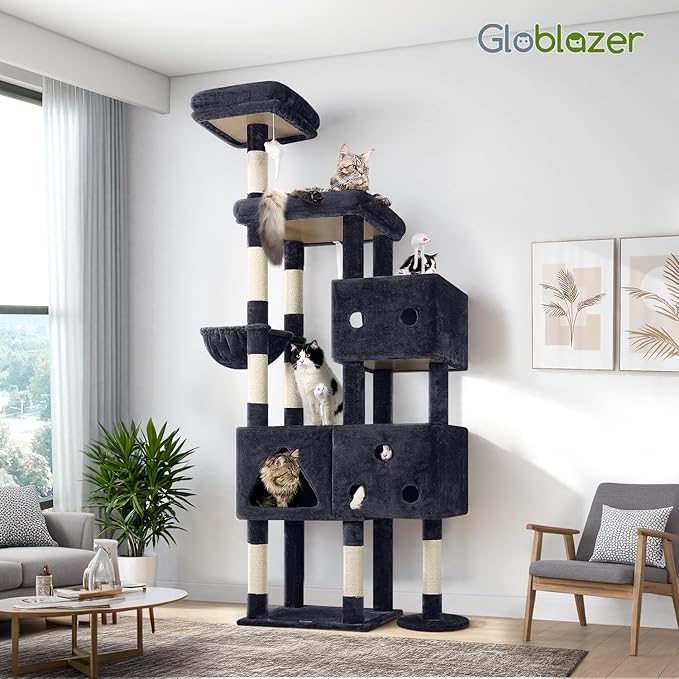 Globlazer Extra Large Cat Tower, 81-inch Tall Cat Tree for Big Cats 20 lbs, XXL Heavy Duty Cat Scratching Tower for Indoor Adult Cats with 3 Cat Condos, 8 Scratching Posts, F81, Dark Grey