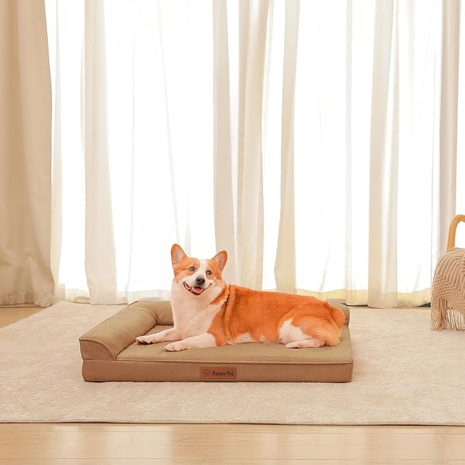 Chew Proof Dog Bed, 3" Memory Foam Dog Bed for Medium and Large Dogs, Removable and Washable Microsuede Cover, Waterproof Liner, Nonskid Bottom, 36x27 Inches L Khaki