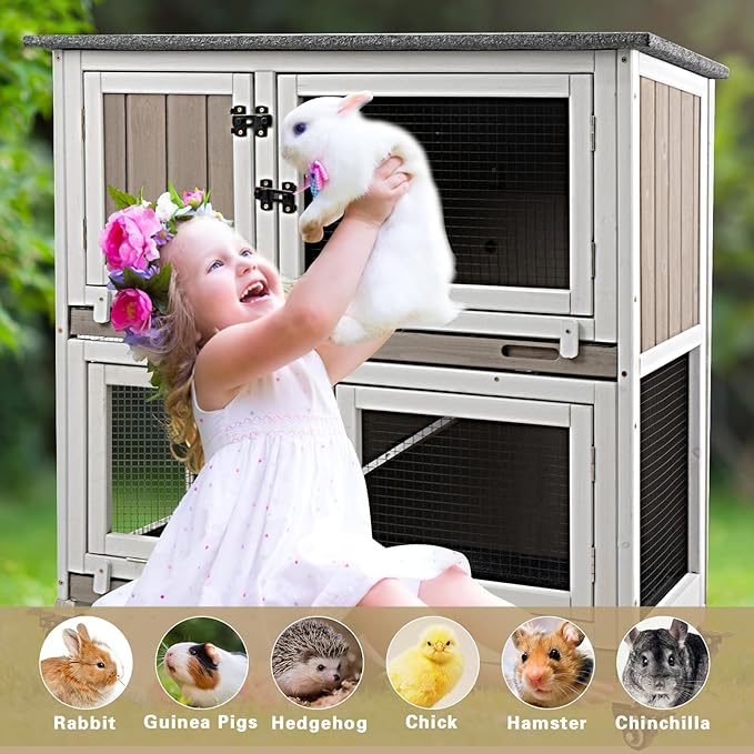 36" L Rabbit Hutch Indoor with 4 Metal Wheels, 2-Story Wooden Bunny Hutch Outdoor Bunny Cage, 2 Deeper Pull-Out Trays, Ramp, Rabbit Cage Guinea Pig Pet House for Small Animals