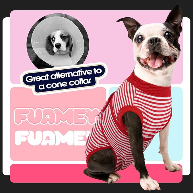 FUAMEY Dog Recovery Suit Male,Dogs Surgery Neuter Suits Puppy Spay Shirts for Female Protect Dog's Skin Anti Licking Abdominal Wounds Doggie Onesie Pet Bodysuit Alternative to Cone Red Stripes L