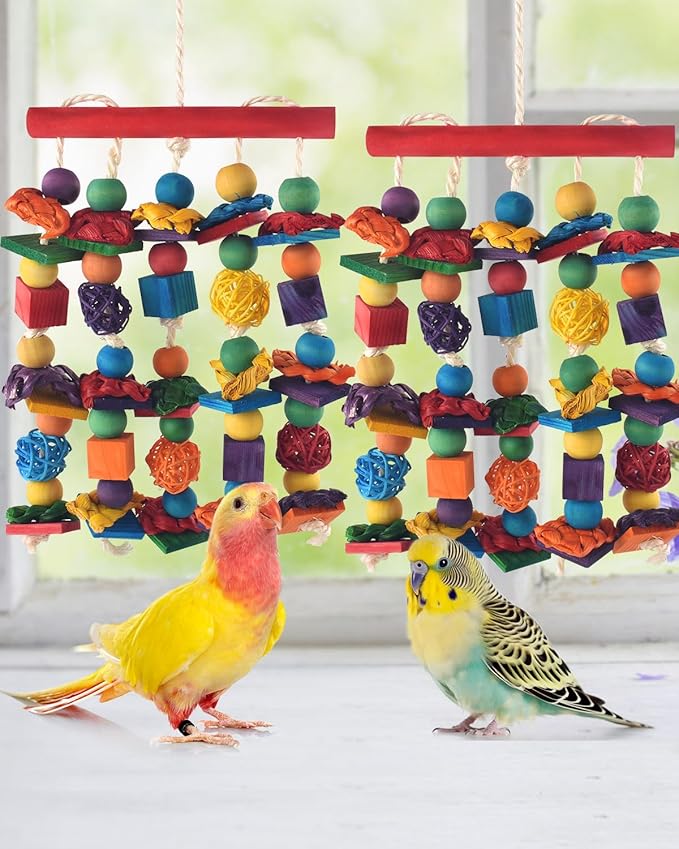 Bird Toys, 2PCS Parrot Foraging Hanging Toy, Multicolored Natural Wooden Blocks Parakeet Chewing Toys mit Rattan Wicker Balls, for Medium Small Cockatoos Budgie Lovebird Cockatiel Conure