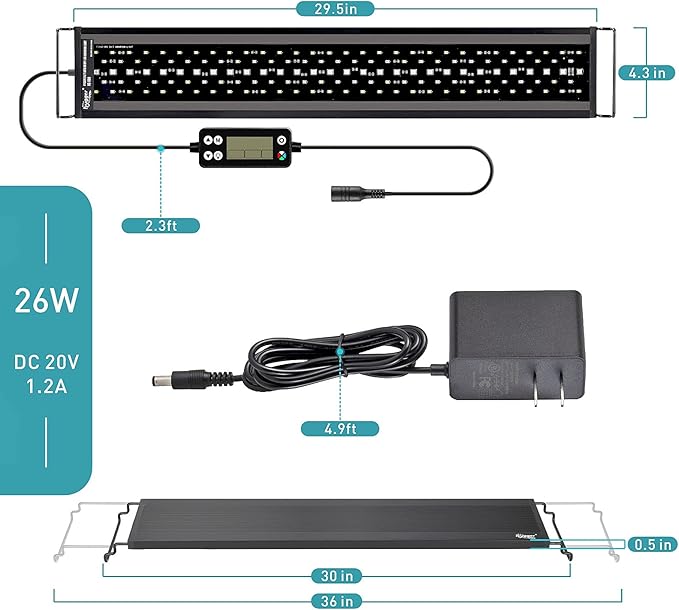 hygger Auto On Off LED Aquarium Light, Full Spectrum Fish Tank Light with LCD Monitor, 24/7 Lighting Cycle, 7 Colors, Adjustable Timer, IP68 Waterproof, 3 Modes for 30"-36" Freshwater Planted Tank