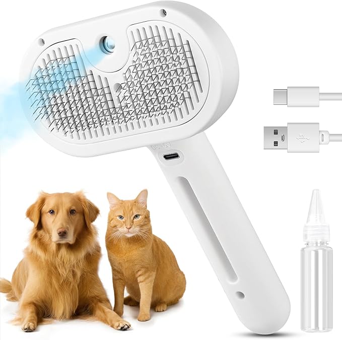 Cat steam brush โ Effective Pet Brush for Indoor Cats, Steam Technology for Shedding, Mats & Grooming โ Ideal cat brush indoor for Deep Cleaning (White)