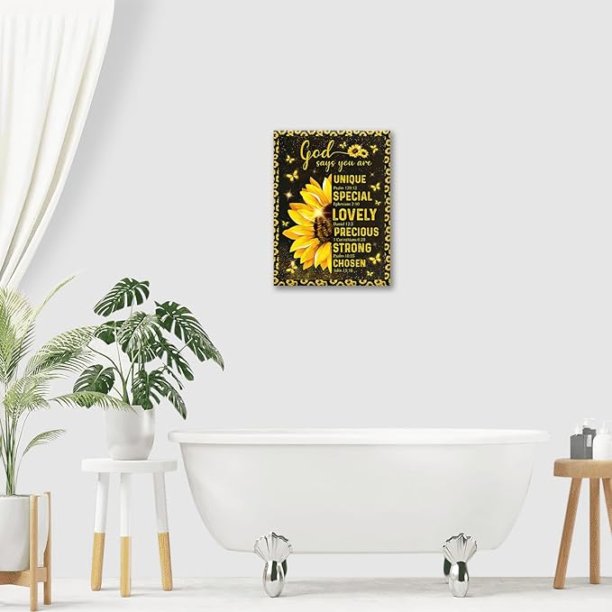 Christian Sunflower Bathroom Pictures Wall Art, Bible Verse Bathroom Wall Decor for Bedroom Office Wall Decorations for Bathroom Living Room Painting Artwork Modern Poster Prints 16"L x 12"W