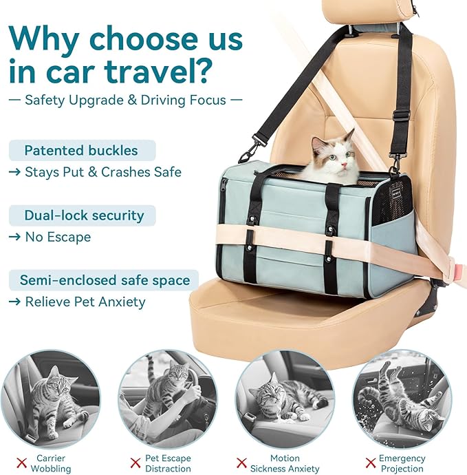PETSFIT Soft-Sided Cat Carriers & Car Seats with Patent Safe Buckles, Clip-On Harness,18"x11"x11" Airline Approved Pet Carrier - 9 lbs Capacity (Cyan Blue)