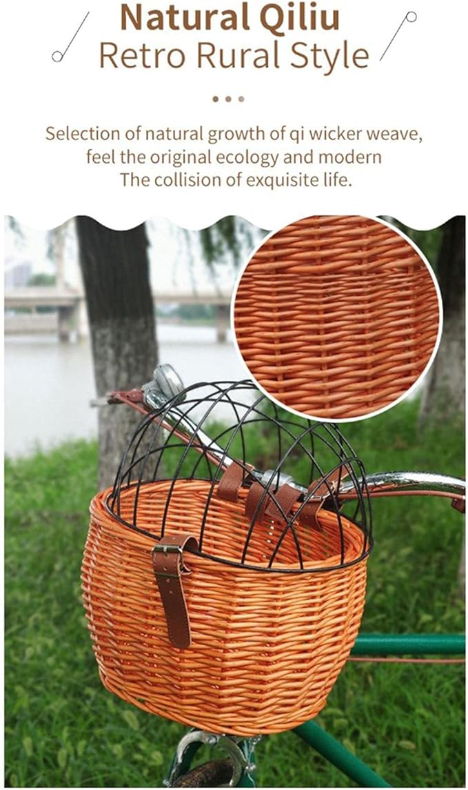 Bike Pet Basket, Wicker Bike Basket for Small Dogs Cats Pet Carrier Front Basket with Wire Mesh Cover and Lid, Wicker Basket for Dogs and Cats, Rattan Storage Basket, 11.81 * 9.84 inch (B)