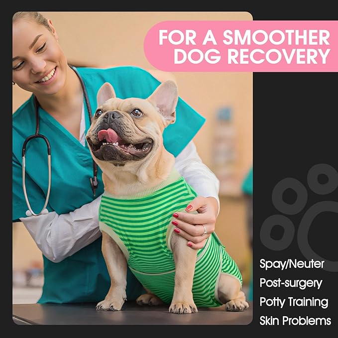 FUAMEY Dog Recovery Suit Male,Dogs Surgery Neuter Suits Puppy Spay Shirts for Female Protect Dog's Skin Anti Licking Abdominal Wounds Doggie Onesie Pet Bodysuit Alternative to Cone Green Stripes XL