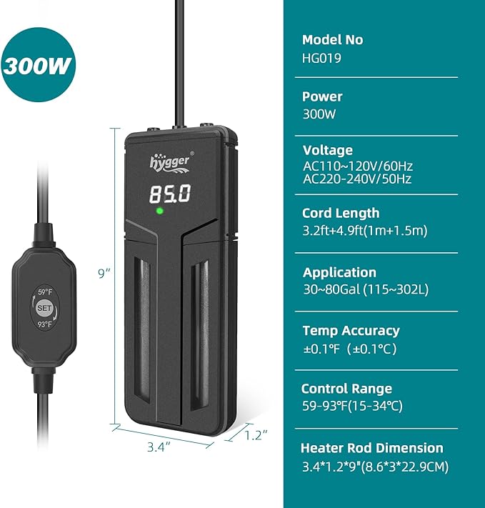 hygger Aquarium Heater,75W/150W/300W Submersible Fish Tank Water Heater Double Quartz Explosion-Proof with for Freshwater Saltwater Tank