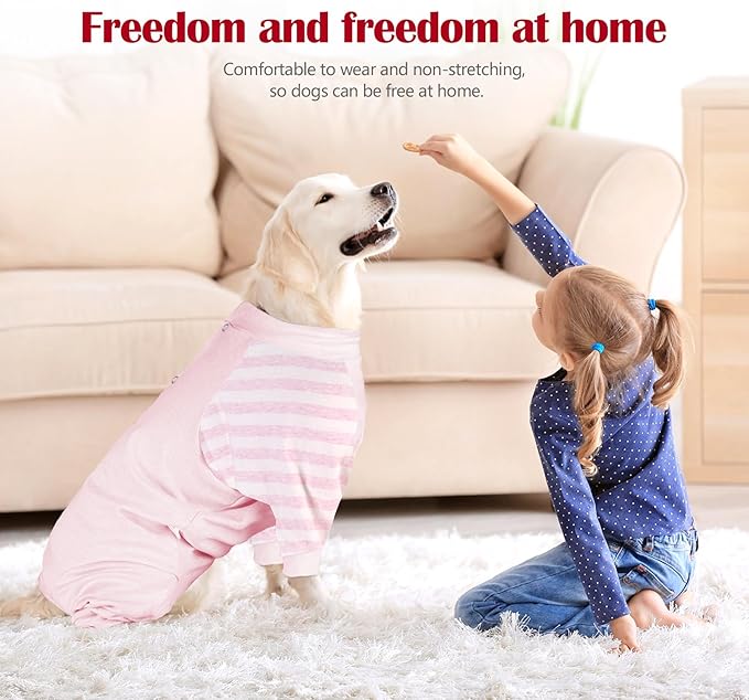 Dog Recovery Suit, Abdominal Wound After Surgery Wear, Anti Licking Bodysuit with Snaps, E-Collar & Cone Alternatives, Striped Dog Spay Surgical Pajamas Prevent Shedding(Large, Pink)